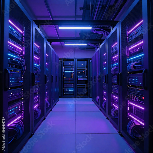 Futuristic data center server room with vivid blue and purple LED lighting and high-speed network cables in a dark hallway