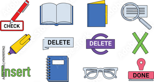 Editing and Document Management Icons Set Featuring Tools for Text and File Manipulation