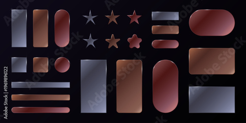 Set of transparent glass frames and shapes in silver, gold, and bronze variations. Vector design elements and round backgrounds.