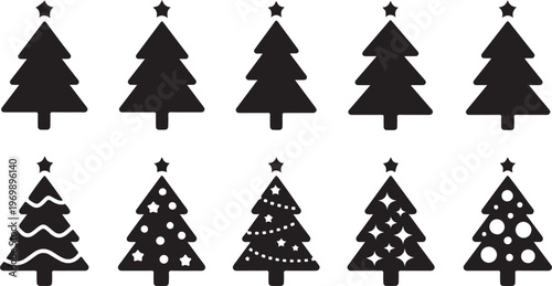A collection of ten simple and decorated black Christmas tree icons with stars on top