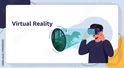 Virtual reality experience concept showing a man wearing a VR headset and seeing a 3D forest scene with a dinosaur.