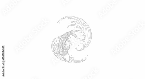 Elegant Koi Fish Swirling in Dynamic Water Wave, Zen Art Style