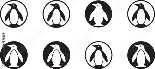 A diverse set of eight black and white penguin icons displayed within circular frames