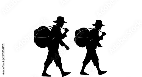 Silhouette of Two Porters on a Journey: Evoking Tradition, Labor, and Cultural Heritage with a Vintage Aesthetic and Timeless Appeal for Diverse Applications