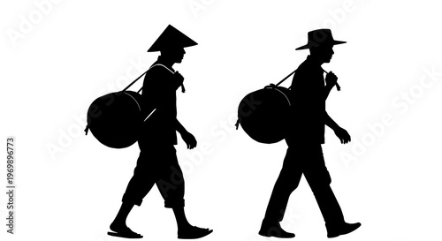 Silhouette of Two Farmers Walking with Conical Hats and Bags: Traditional Agricultural Workers on the Move, Isolated on White for Design Elements and Cultural Illustrations