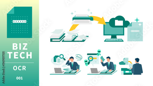Flat vector illustration set of a male businessman using OCR technology for character recognition and document scanning to promote paperless office work and digital transformation.
