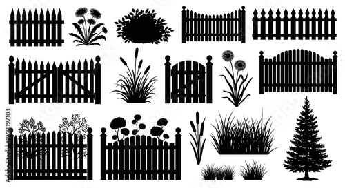 Silhouetted Garden Elements: Fences, Foliage & Greenery - Versatile Vector Art for Landscape Design, Home Improvement and Outdoor Projects