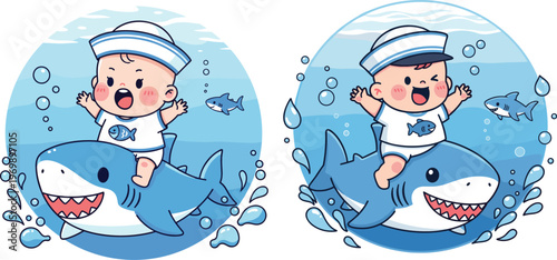 Cute cartoon baby sailor riding smiling blue shark with bubbles fish ocean background playful marine whimsical fantasy children vector illustration design