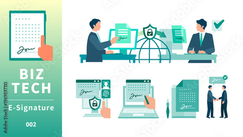 Businessman using electronic signature for online contract agreement on tablet and laptop representing secure digital signing and professional legal technology for modern business efficiency and DX