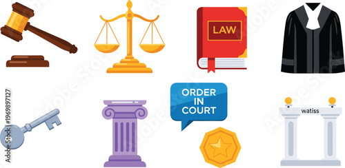 Legal and Justice Icons Set Featuring Courtroom, Law, and Legal Tools