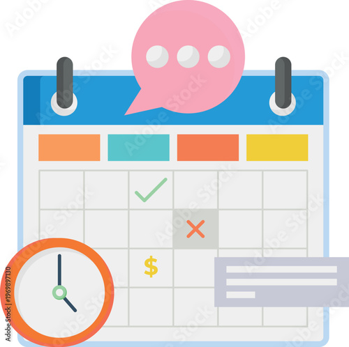 Calendar featuring a speech bubble and clock, symbolizing scheduled conversations or appointments.