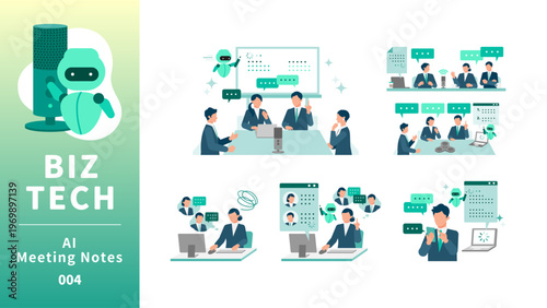 Advanced AI transcription and voice recognition service set with male and female users summarizing meeting minutes for workflow automation data analysis and professional business documentation