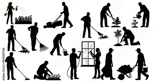 Diverse Garden Crew Silhouettes: Yard Work and Landscaping Team for Eco-Friendly Outdoor Maintenance and Sustainable Living Designs, Horticulture Projects