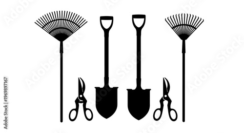 Minimalist Garden Tools Silhouette Arrangement: A Versatile Vector Illustration for Gardening, Landscaping, and Outdoor Themes (Gardening Tools, Rakes, Shovels)