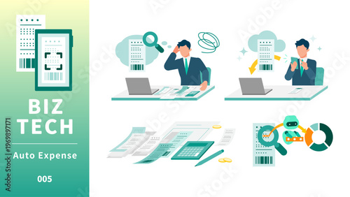 Automatic expense management and financial DX concept with businessman scanning receipt via smartphone for AI automated calculation and paperless accounting workflow solution