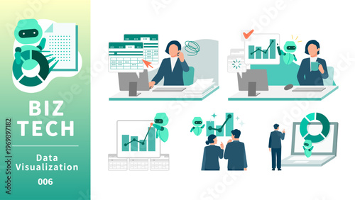 Business data visualization and analysis DX concept with professional man and woman monitoring AI generated dashboard graphs for strategic decision making and corporate growth