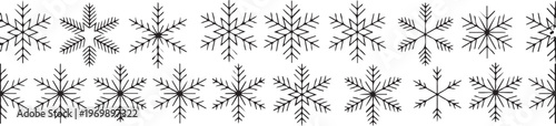 A charming horizontal border features an array of distinct black outline snowflake patterns against a pure white setting