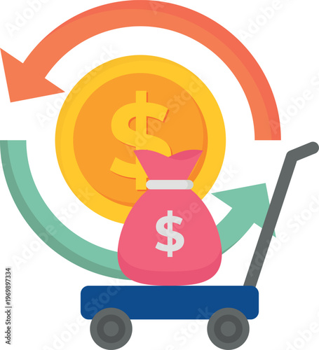 A cart carrying a money bag, featuring bold dollar signs, illustrating themes of wealth and financial gain.
