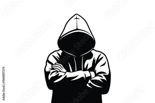 Silhouette of a mysterious person with arms crossed wearing a hoodie, standing in a dark and moody atmosphere, evoking intrigue and suspense.