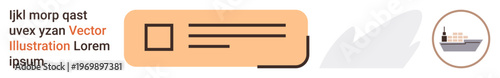 Logistics, maritime transport, shipping labels, freight management, delivery tracking, digital trade. Orange text box with lines and cargo ship icon. Logistics and maritime transport concept