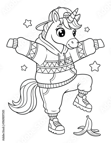 Unicorn dancing in hoodie and cap with playful pose avoiding banana peel in cute cartoon style for kids coloring page