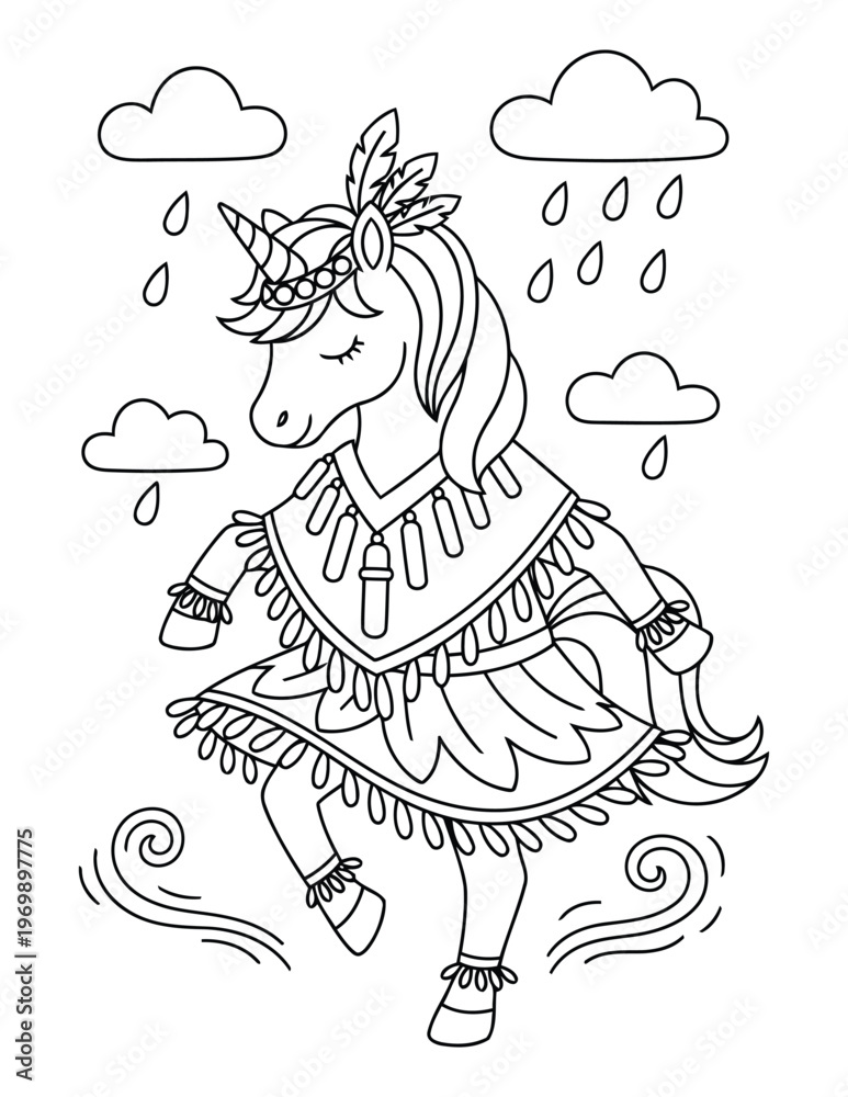 Obraz premium Unicorn dancing in rain wearing traditional costume cute cartoon coloring page