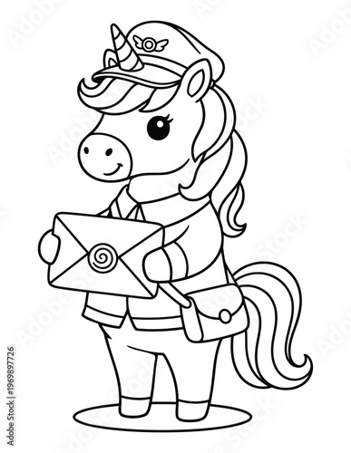 Unicorn postman holding envelope with mail bag cute cartoon coloring page