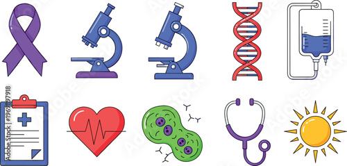 Medical Research and Health Icons Set Featuring Lab Tools, DNA, and Healthcare Symbols