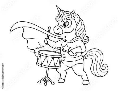 Unicorn superhero playing snare drum with cape cute cartoon coloring page