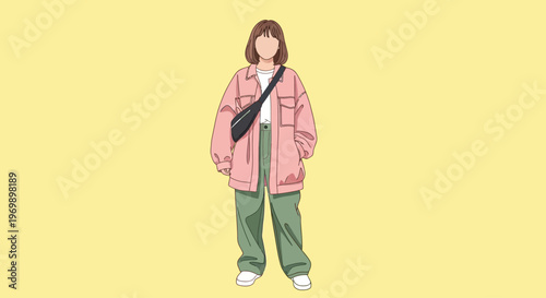 A young woman in a pink jacket and green pants with a black cross-body bag stands against a bright yellow background, showcasing a casual fashion style.