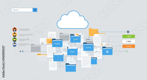 A conceptual illustration of a cloud storage system with various folders and files connected to a central cloud icon, showcasing digital organization and data management in a business