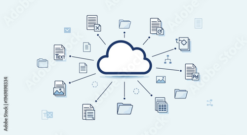 A cloud icon with various business and technology symbols radiating from it, set against a light blue background with a white lower section, representing online storage and connectivity.