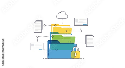 A stack of colorful folders with a padlock on the bottom one, surrounded by icons representing digital files and a cloud, against a clean white background with a focus on business