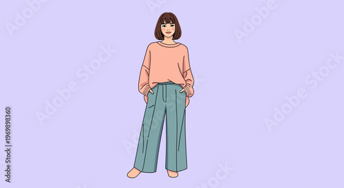 Full-body illustration of a young woman in a fashionable outfit, standing barefoot with hands in pockets against a solid lavender background, showcasing her casual fashion style and people