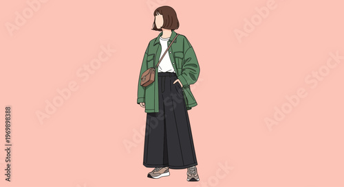 Illustration of a young woman in a stylish green jacket and black pants, showcasing fashion and style against a soft pink background.