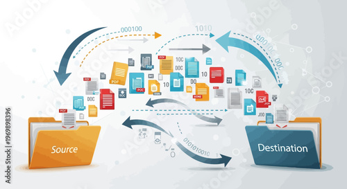 Graphic illustration of a business document transfer process with a source folder and destination folder in a data migration concept against a clean white background.