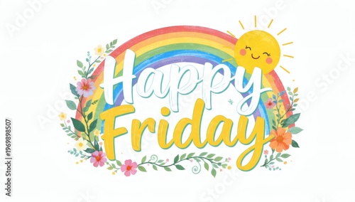 Colorful Happy Friday Text with Rainbow and Smiling Sun
