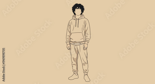 A young man in casual fashion style clothing stands against a solid beige background with a relaxed pose.