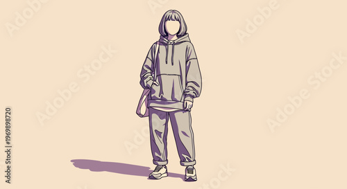 A person wearing a hoodie and casual pants stands against a plain beige background, showcasing a relaxed fashion style with a subtle shadow.