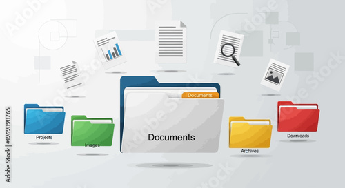 A colorful graphic illustration of a central documents folder surrounded by various file folders and floating office documents on a clean white background.