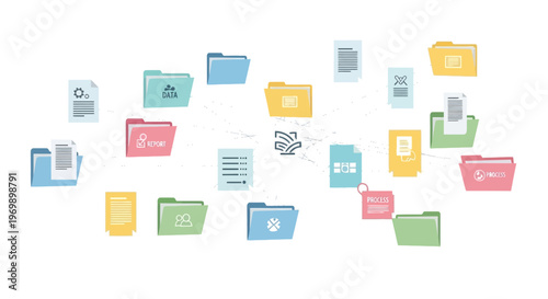 A collection of colorful folders and documents floating against a clean white background in a creative, flat lay composition with a business and organizational theme.