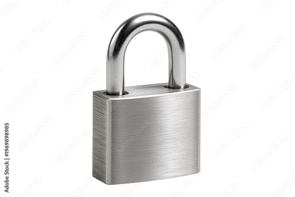 Fototapeta premium A close-up of a silver metal padlock with a brushed texture. This image is suitable for illustrating security and protection concepts.