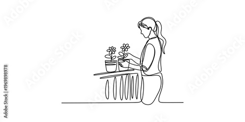 A single continuous line drawing of a woman tending to her potted flowers on a shelf at home Vector, illustration