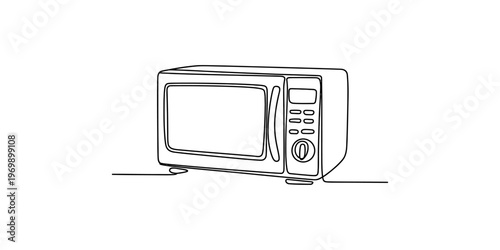 A single continuous line drawing of a kitchen microwave oven appliance on a plain white background. Vector, illustration