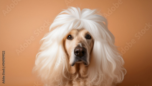 Elegant and surreal portrait of a golden retriever type dog wearing a voluminous platinum blonde hair wig, calm and gentle expression, warm tan background.