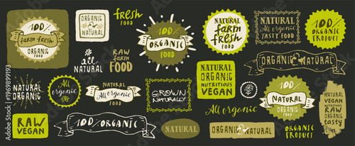 Natural organic food label tag and badge set. Vintage eco bio logo templates. Healthy vegan farm food tags design. Vector fresh vegetable icons set. Flower elements, circular emblems, retro stamps bg