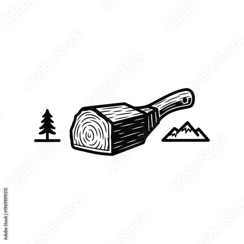 A black and white drawing of a hatchet and tree isolated on white background, Vector, illustration