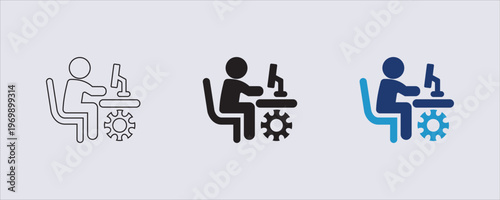 Icon represents an IT manager or a person working with technology. a gear icon is placed near the desk, symbolizing technical support, engineering, or IT maintenance. web design, logos, and business.