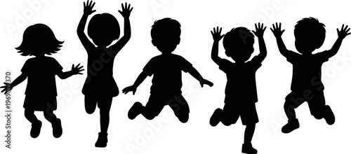 Silhouettes of Happy Children Jumping Together