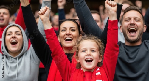 Jubilant fans celebrating a victory together in the stadium crowd